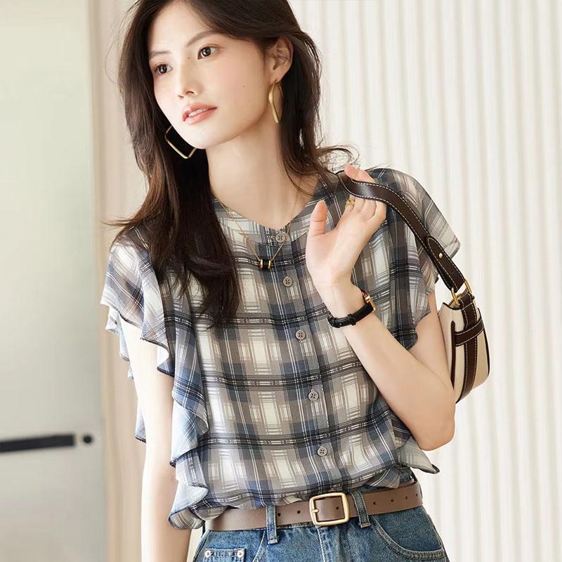 Damen Kurzarm Sommer Neues Modisches Hemd Koreanischer Stil Feminines Rüschen Chiffon Hemd Top