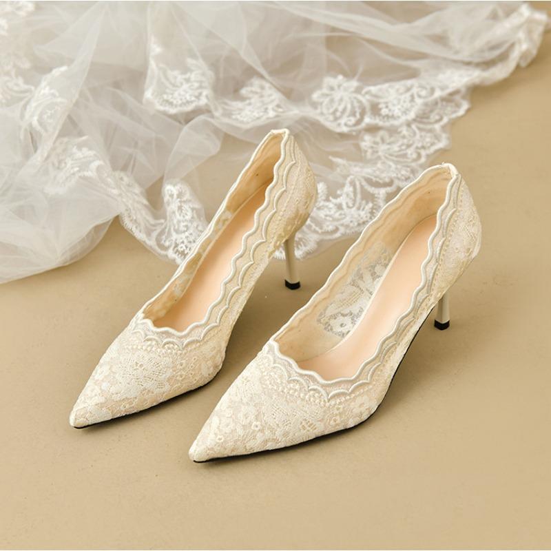 White high heels wedding shoes women's spring new pointed head stiletto embroidered lace Xiuhe wedding bride shoes