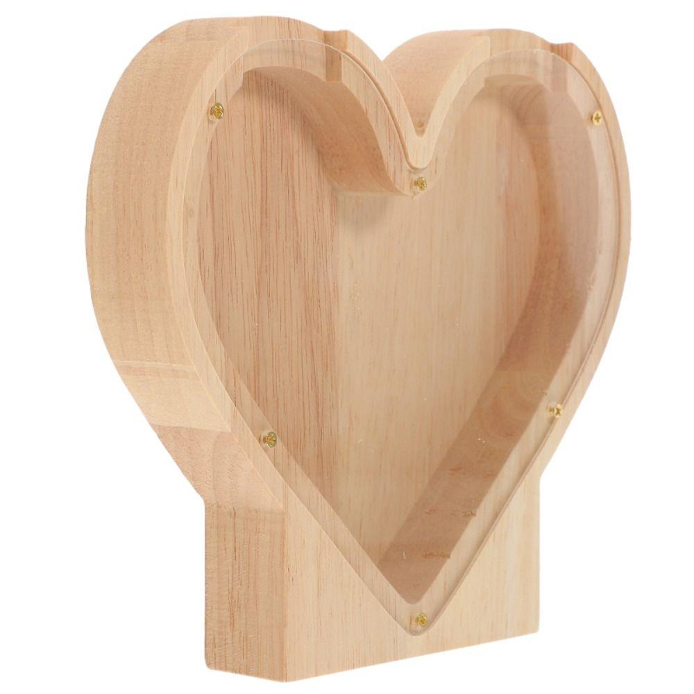 Practical Heart Shaped Heart-shaped Piggy Bank Clear Wooden Wooden Saving Box Fashion Wooden Crafts Ornament Children/Adult