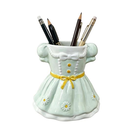 Bow Dress Pencil Cup, Ceramic Desk Organizer, Cute Makeup Brush Holder for Girls Room, Office Gift for Women