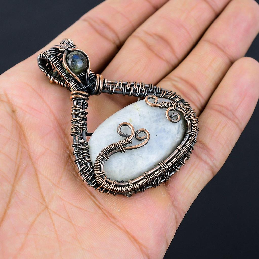 Moonstone Gemstone Pure Copper Wire Wrapped Handmade Pendant Jewelry For New Year Gift