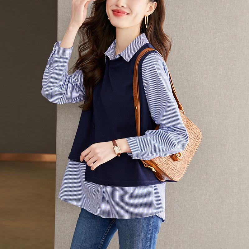 Women's Long Sleeve Striped Knitted Two-in-One Loose Top