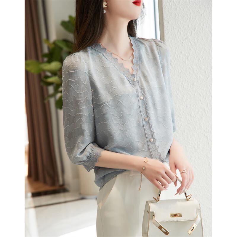 DME French Style V-Neck Seven-Point Sleeve Lace Jacquard Shirt