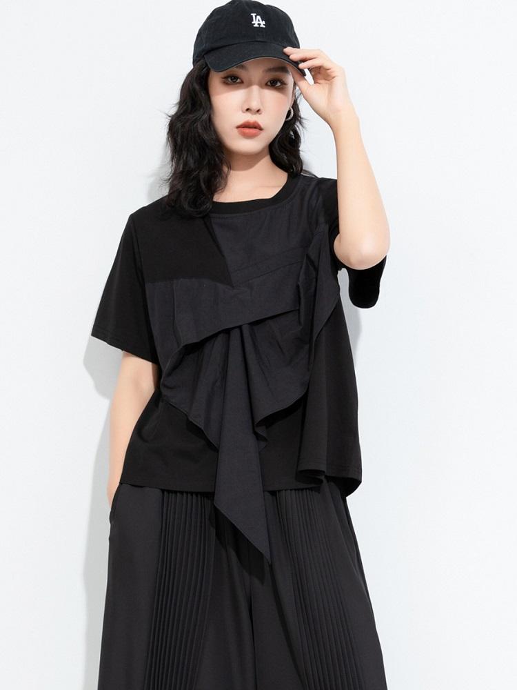 Short sleeve Oversized Black patchwork casual loose summer tee t shirt women t-shirt tops