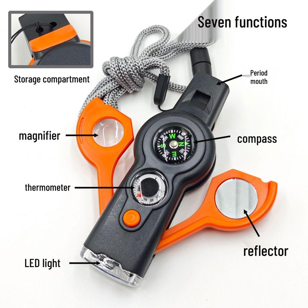 LED Light Compass 7-in-1 Outdoor Survival Whistle with Thermometer