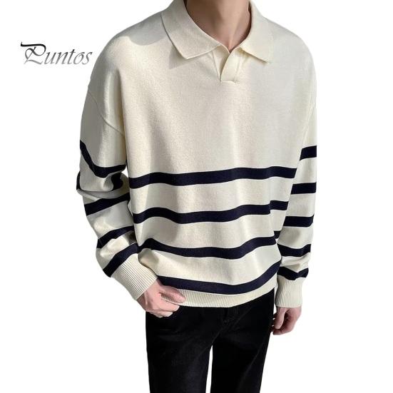 

Осень-зима мужской свитер в полоску с цветными блоками и отложным воротником, свободный трикотажный свитер с длинными рукавами, свободный трикотажный свитер для школы в английском стиле L белый