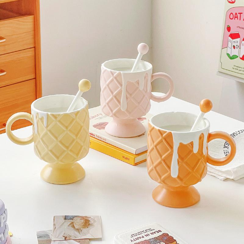 Cream Ice Cream Coffee Cup with Mixing Spoon Ceramic Cup Ins High Value Milk Cup for Girls Household Mug