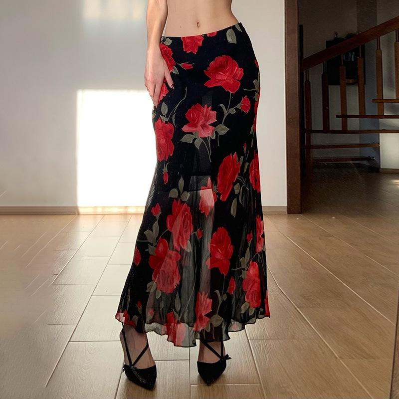 Retro Tie-Dye Mesh Patchwork High Waist A-Line Skirt