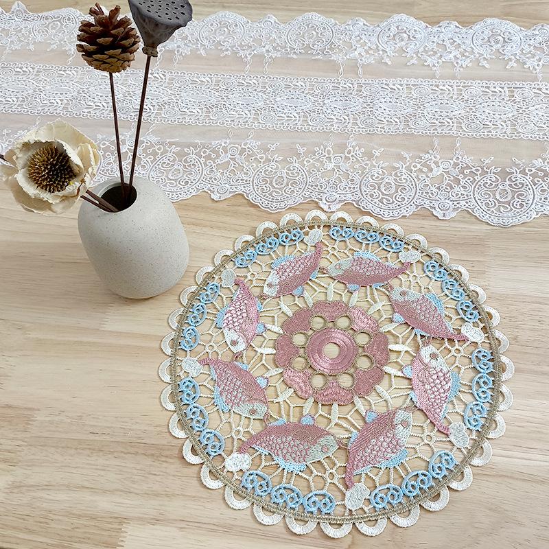 Color Hollow Embroidery Tablecloth Round Dining Plate Mat Decoration Shooting Props Lace Decorative Mat Pastoral Embroidery Coaster