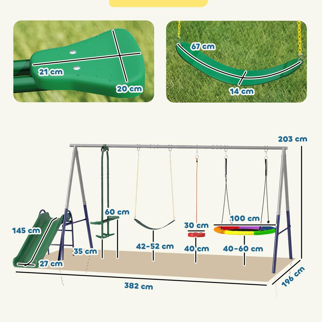 5-in-1 Swing Set with Slide Height-Adjustable Swing Frame with Nest Swing 382x196x203 cm Multicolor