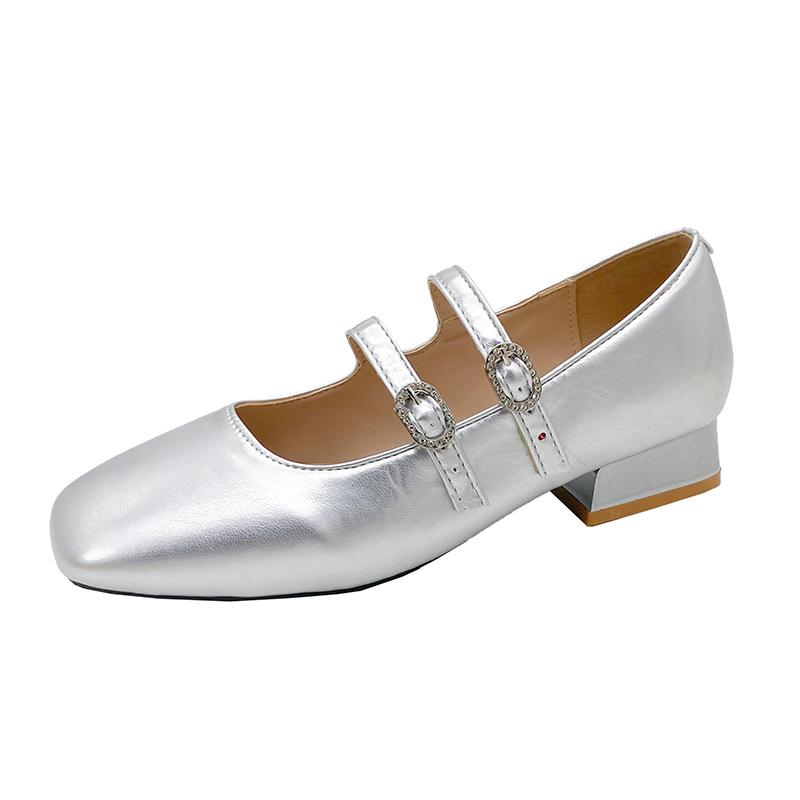 

Kitten Heel Single Shoes Summer New Square Toe Shallow Mouth One Strap Non-slip Block Heel Shoes 35 серебряный