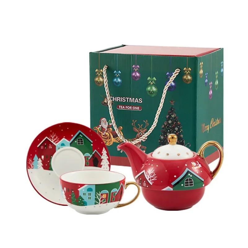 Christmas Ceramic Teapot Cup Teaware Set with Gift Box Gold Plated Handle Coffee Cup Saucer Spoon  Afternoon Tea Mug Xmas Gifts
