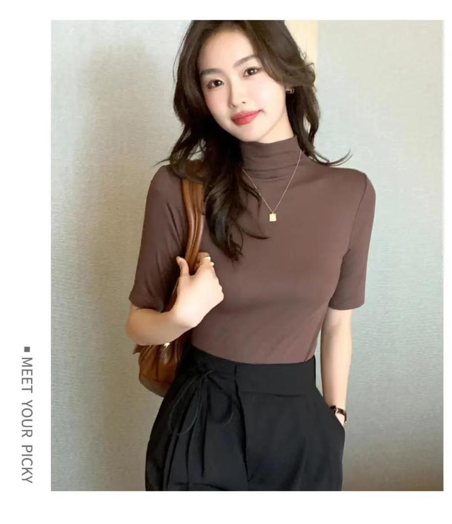 Women's Mock Neck Elbow Sleeve Solid Color Slim Fit Knit Top Korean Style Elegant Commuter Layering Shirt Multi Colors Optional