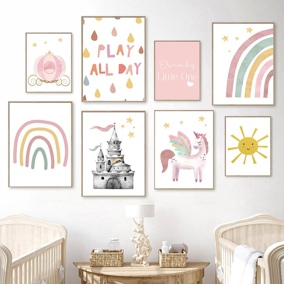 Princess Castle Unicorn Rainbow Sun Star Wall Art Canvas Painting Nordic Posters And Prints Wall Pictures Girl Kids Room Decor