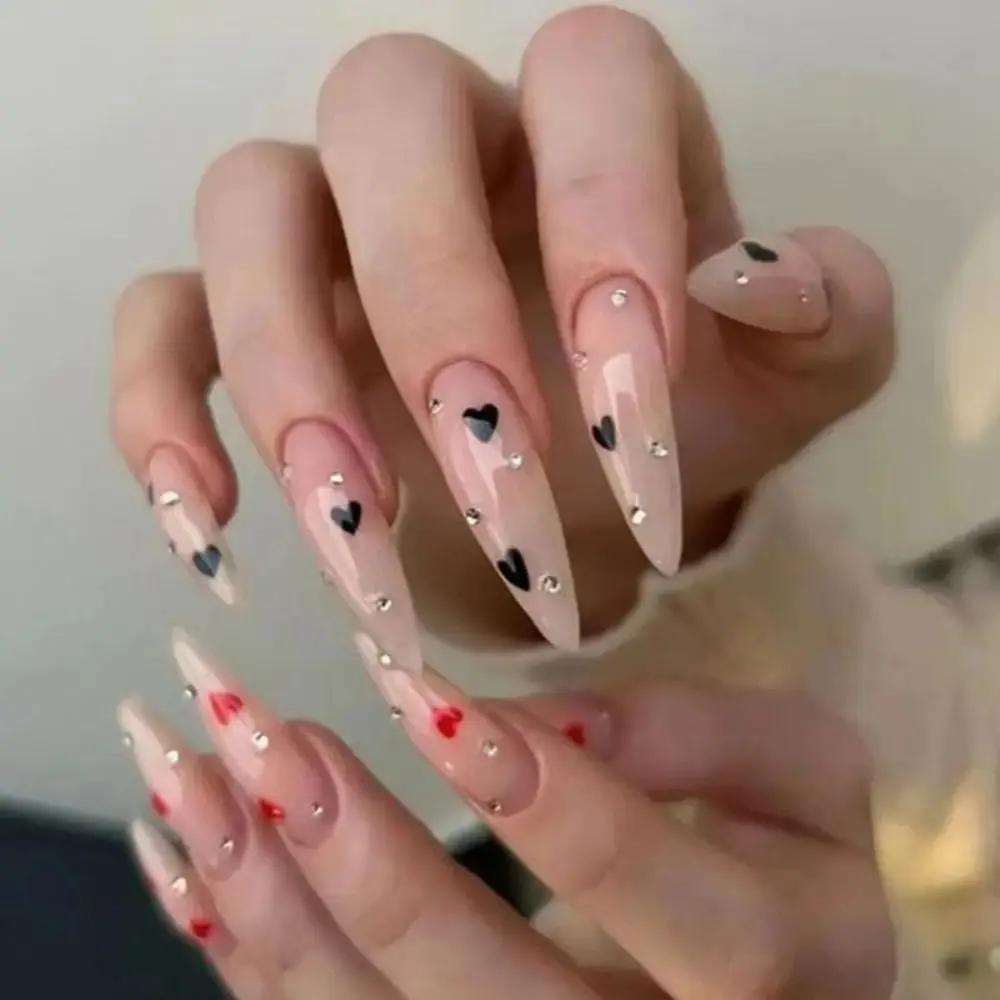 24Pcs Sweet Pink Almond Fake Nails Stiletto Pink Bowknot French Cute Pearl Bows Fake Nails Girls Women Wearable Manicure