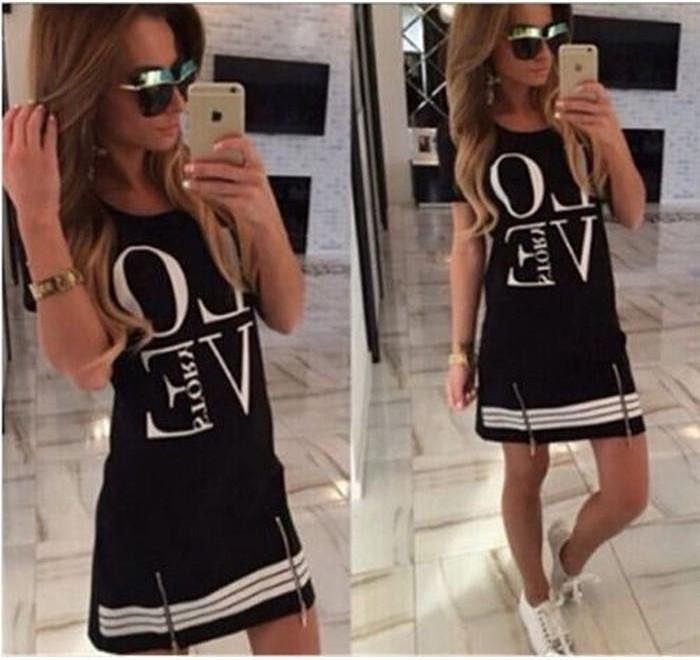 Elegant Sports Women Letter Love Printed Long T-shirt One-piece Casual Dress Zipper