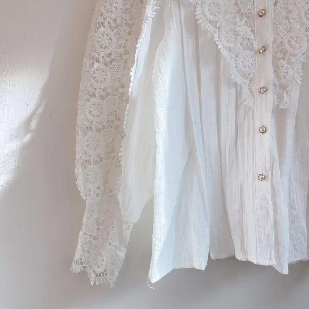 Women Chiffon Button Turtleneck Shirt Chic Elegant Floral Lace Fluffy Long Sleeve Top Fashion Hollow Oversize White Blouse