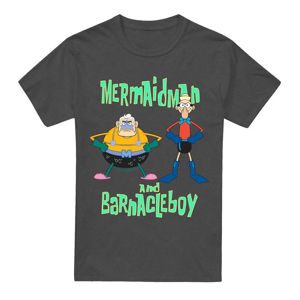 Spongebob Mermaid Man And Barnacle Boy 100% Cotton T-shirt Mens Tees Top S-2XL-Charcoal S