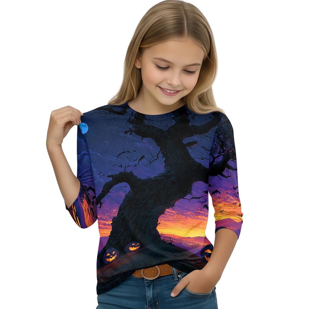 Kids Halloween Three-Quarter Sleeve Round Neck T-Shirt with Pumpkin Witch Print Casual Daily Wear