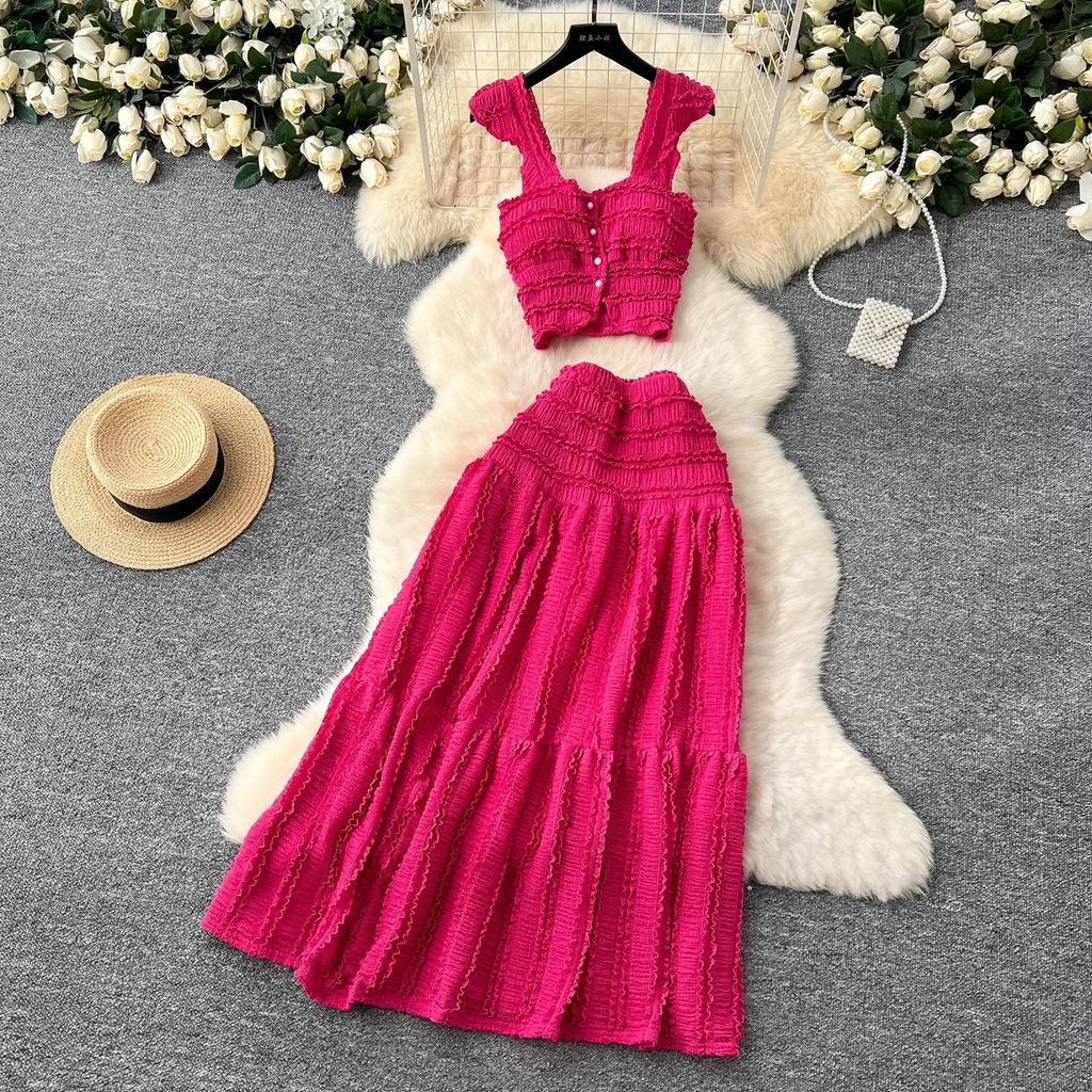 Summer Lace Patchwork Beach Two Pieces Sets Women Sexy Camisole+A Line Long Skirt Fashion Elastic Bohemian Suits