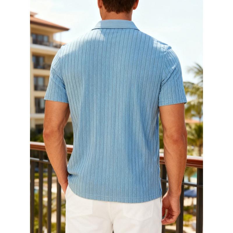 Men's New Summer Casual Breathable Terry Jacquard Lapel Striped Short Sleeve Shirt