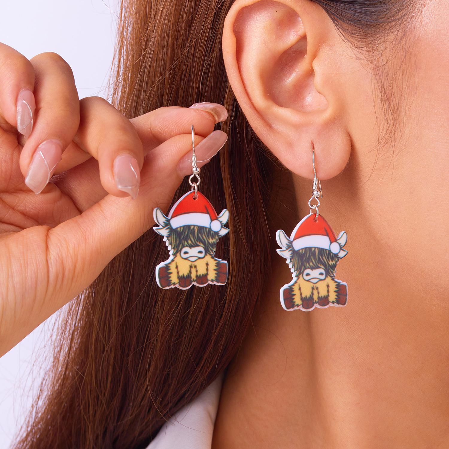 

Fashion Cute Santa Claus Pendant Earrings for Women Acrylic Print Christmas Tree Kitten Snowman Drop Earring New Year Jewelry