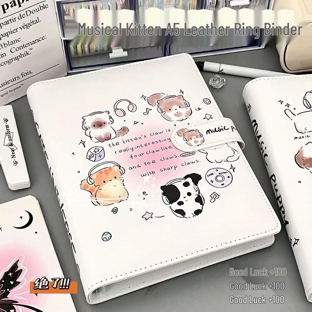 Cute Niche Kitten A5 Leather Ring Binder Notebook - Stylish, High-Value, Lined Student Notebook.