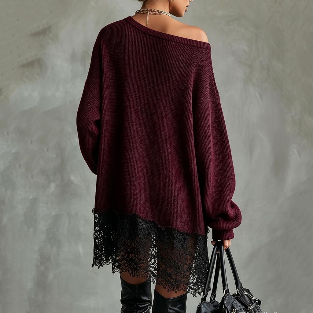 Abito da donna con manica in pizzo e scollo asimmetrico per feste casual