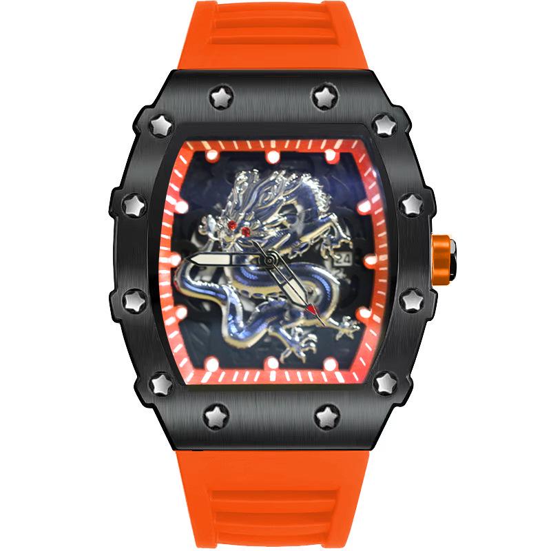 2024 Herren Tonneau Silber Drache Quarz Uhr: Lässig, Sportlich, Leuchtend, Wasserdicht, Vollautomatisch.