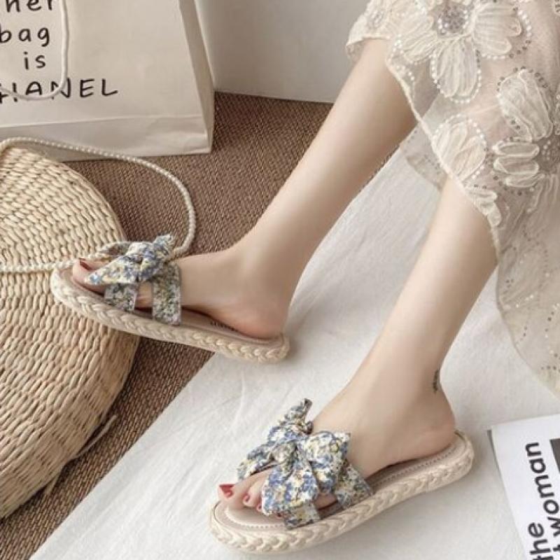 New Arrivals Open Run Women Rattan Ribbon Slippers Open Toe Simple Flower Design