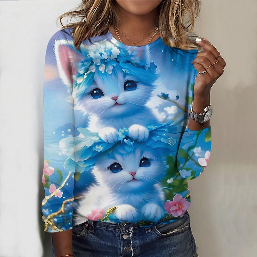 

Топы на весну и осень, очаровательная футболка с круглым вырезом и длинным рукавом с принтом кота, осенний повседневный тонкий пуловер, женский топ с длинным рукавом XS синий