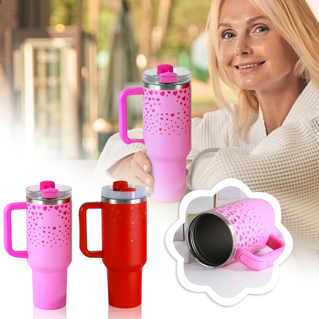 40oz Stainless Steel Mug Flip Straw Cup With Leak Proof Lid Built In Straw And Handle Valentine's Day Gift Mug (red Heart)