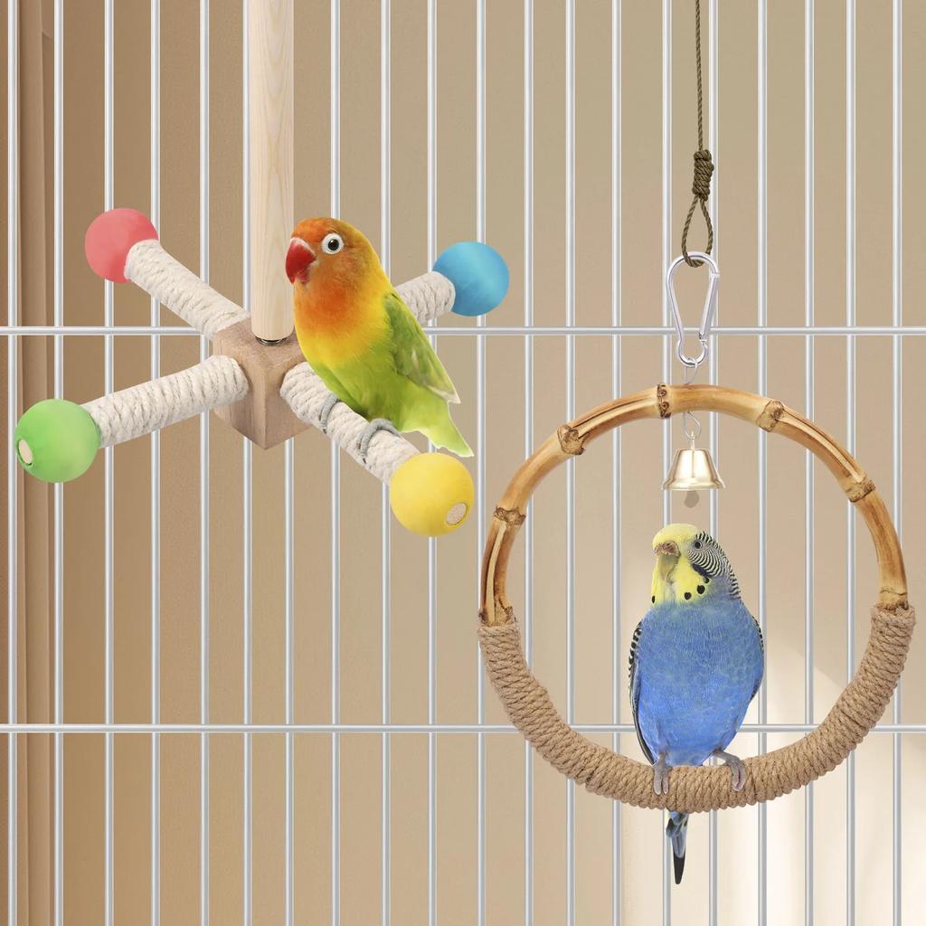 Rotating Bird Perches Toy, Wooden Parrot Swing Playing Gym Exercise Stand Cage Grinding Climbing Standing Perch for Cockatiels
