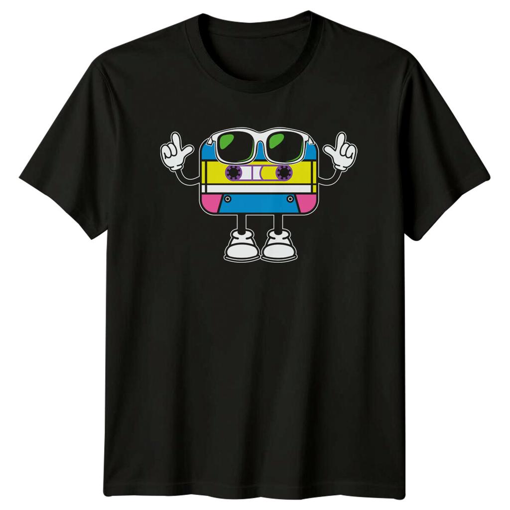 Vintage cassette tape character cool shadow 80s 90s Tshirt cartoonish and fun printed shirt