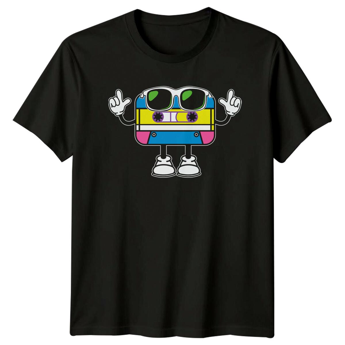 

Vintage cassette tape character cool shadow 80s 90s Tshirt cartoonish and fun printed shirt S
