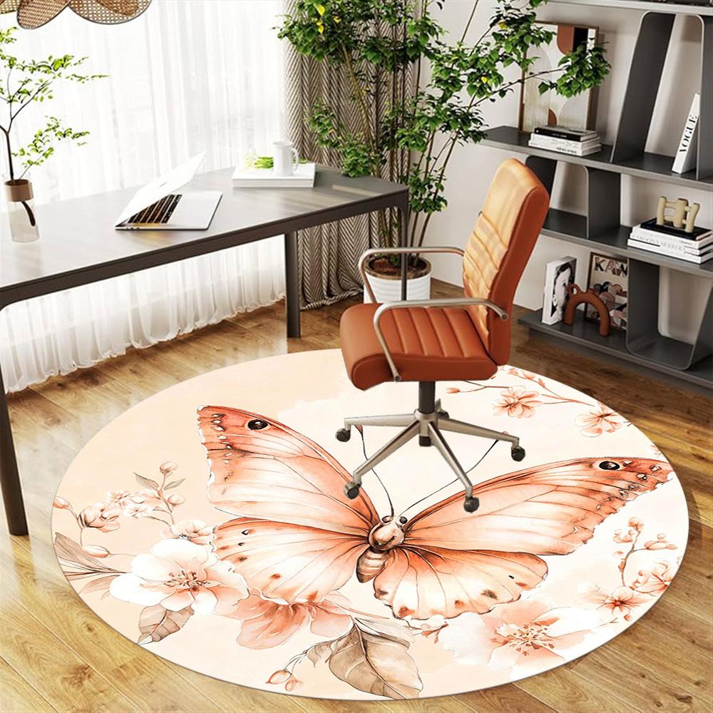 1PC Butterfly Flowers Office Round Area Rug, Under Office Chairs Bedroom Living Room Home Decor, Carpet for Office -1110094