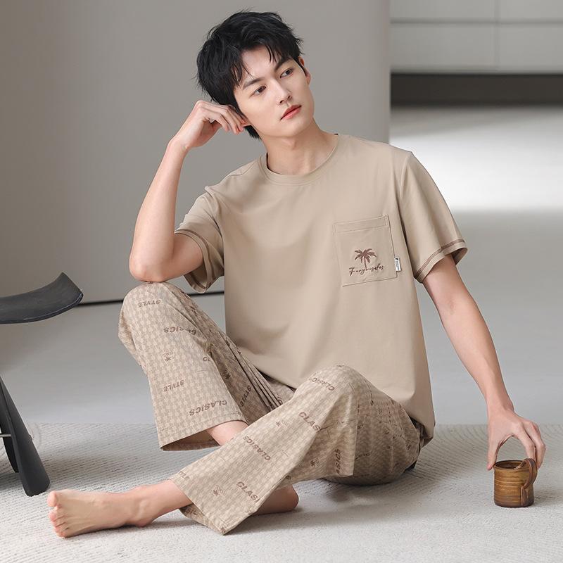 Pajamas Men's Summer Cotton Short Sleeve Trousers Thin Summer Casual Large Size Summer Loungewear Set