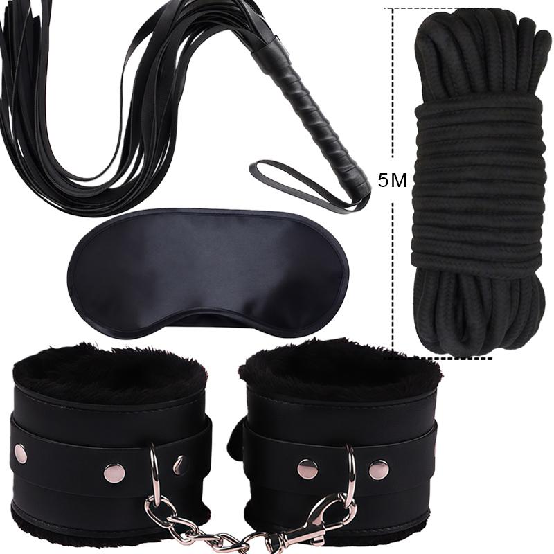 Goods For Adults Set Sexy Leather Plush Handcuffs Blindfold Spanking Soft Whips Tying Cotton Rope Couple Games Bondage Equipment