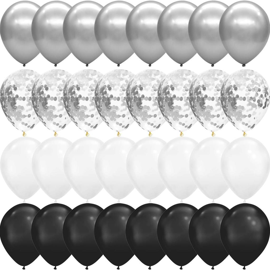 12inch 100pcs silver black white balloon set with confetti, suitable for weddings, birthdays, theme parties, family gatherings