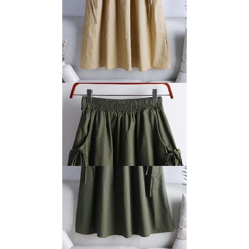 Drawstring midi skirt for women, 2026 summer new style, versatile solid color, drawstring pocket, elastic waist, mid-length workwear skirt