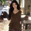 2025 Autumn Trend Lace-up Bottoming Shirt Waist-cinching Top Long-sleeved Fashionable V-neck T-shirt Women