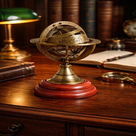 12.7 Cm Brass Armillary Sphere Globe On Wooden Base Nautical Desk Decor Christmas Father’s Day Gift