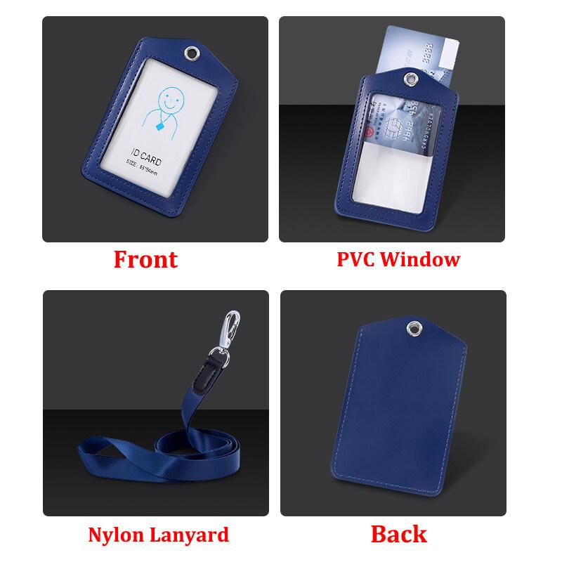 Formal Business ID Badge Holder Durable Real Leather Work Chest Card Pouch with Lanyard Simple Classic Black Stationery