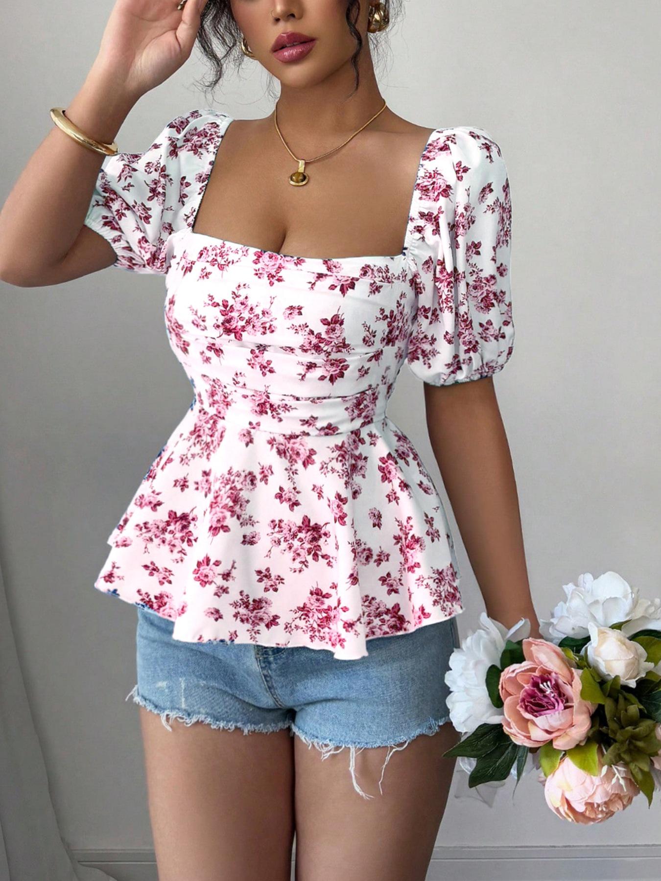 

Summer 2025 Women s Floral Puff Sleeve Square Neck T-shirt XL
