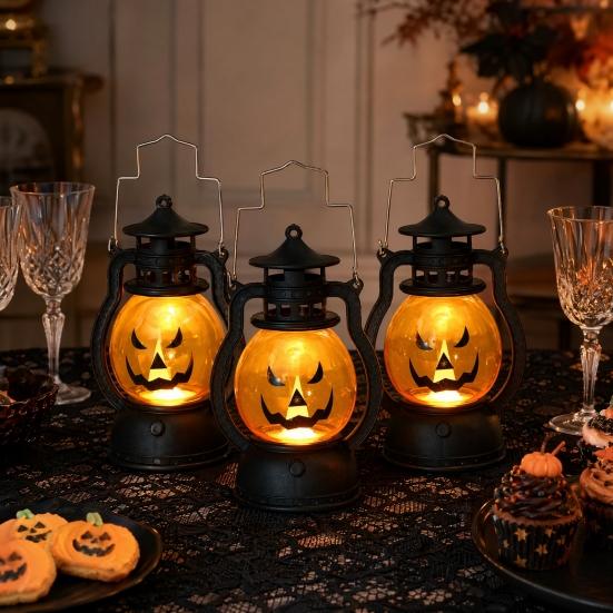Halloween Pumpkin Lantern with LED Light, Portable Retro Horse Lantern with Funny Pumpkin Faces, Safe Flame-Free Halloween Decoration for Indoor