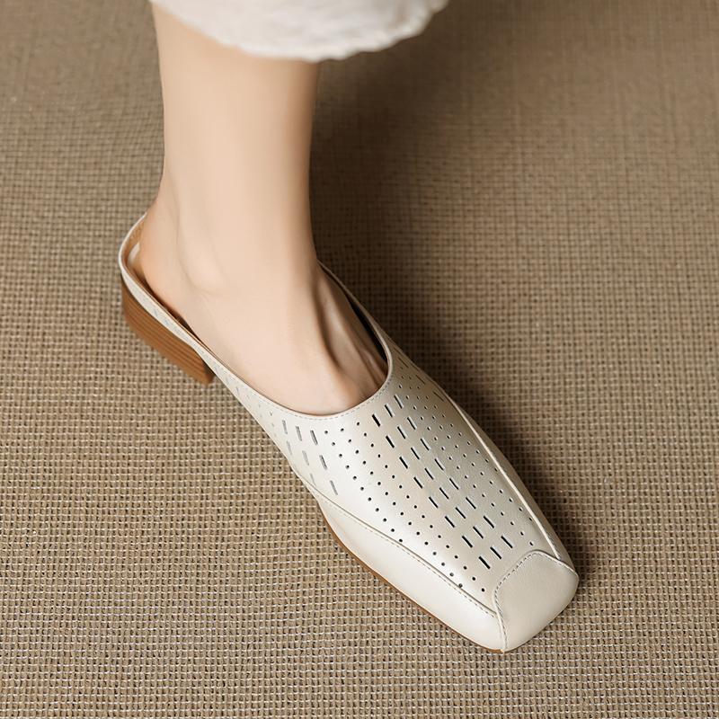 Fashion 2025 New Fashion Covered Toe Genuine Leather Women Thick Heels Casual Mules Summer Daily Walk Sheepskin Leather Slippers Sandals