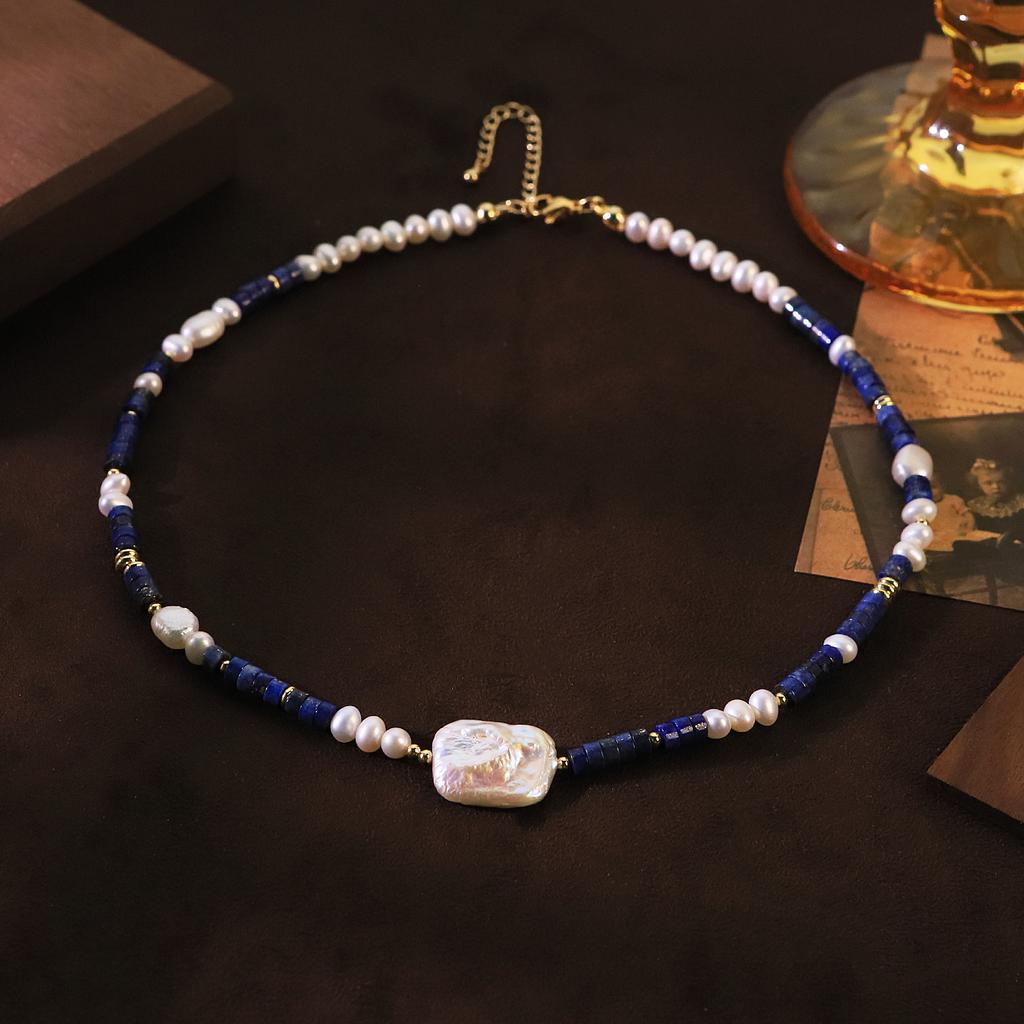 Natural Lapis Lazuli Beads Baroque Freshwater Pearl Necklace for Women Daily Banquet Vacation Retro Necklace Fashion Jewelry