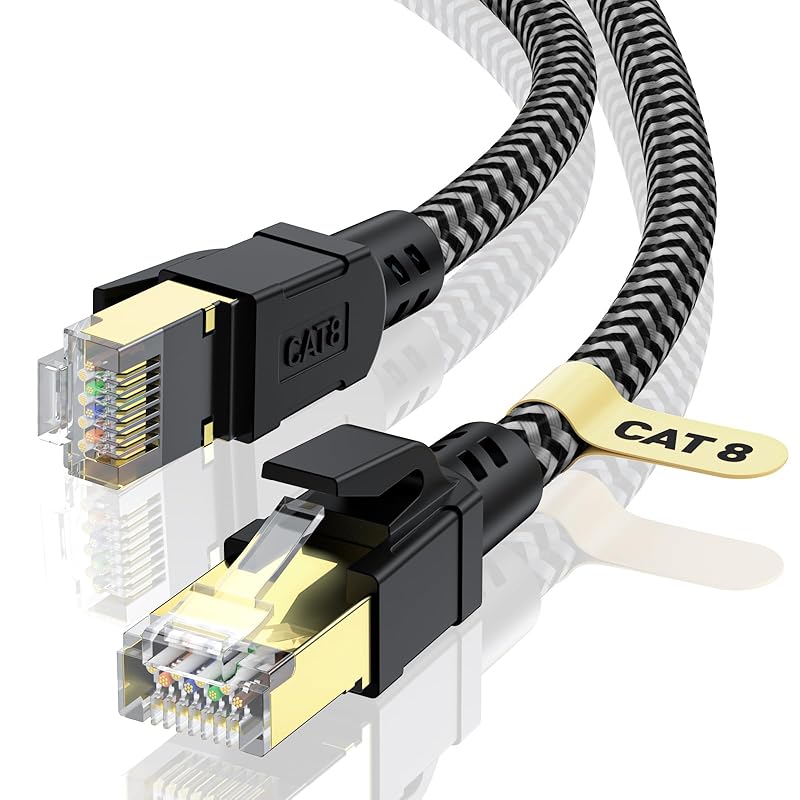Cat 8 Ethernet Cable 1FT, High-Speed Braided Internet Cable Network Cord with Gold Plated RJ45 Connector 40Gbps 2000Mhz Heavy Duty LAN Cable Shielded