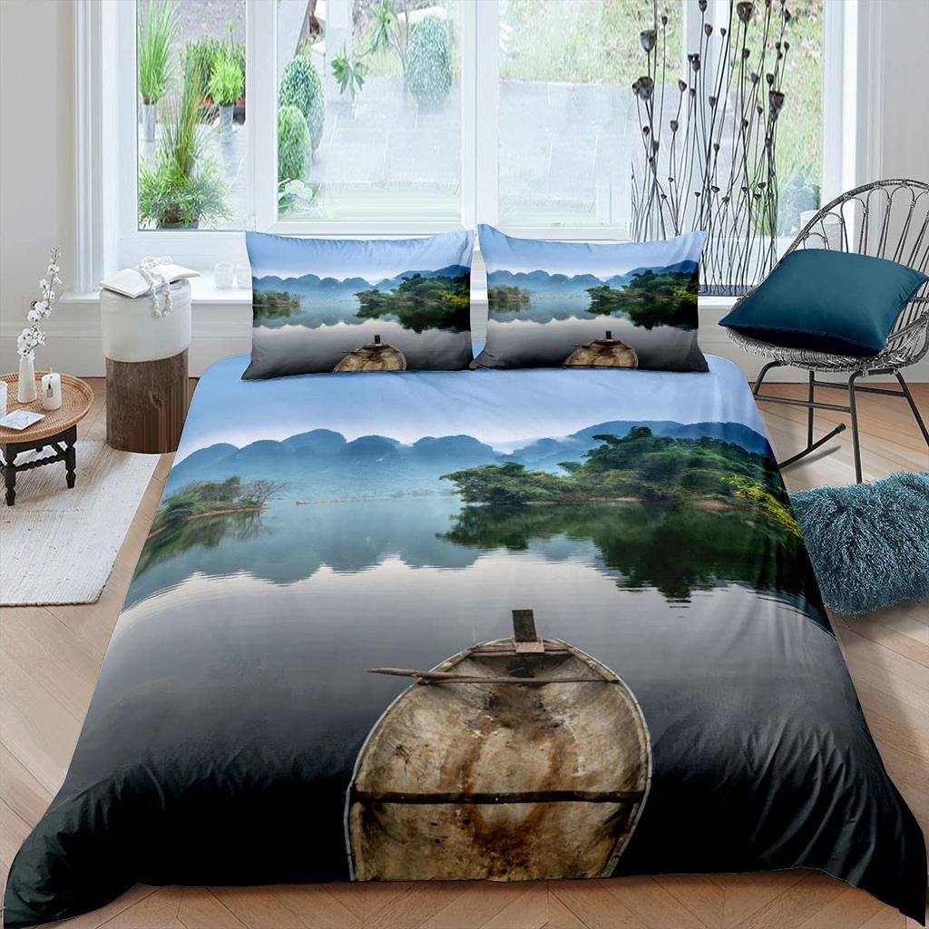 Nature River Bedding Set Starry Sky Duvet Cover Set Mountain River Forest Moon Printed Design Natural Landscape Comforter Cover