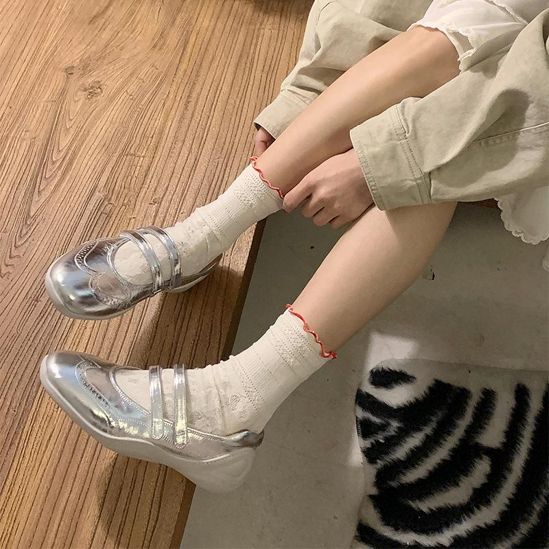 Retro Silver Sports Ballet Mary Jane Women's Shoes 2025 New Platform Casual Versatile Flat Velcro Single Shoes